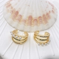 Three-layer gold ear cuff with pearls and green zircons on a white seashell - Green Gem Pearl Triple Style (95) / Gold
