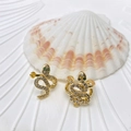 Elegant gold-plated double C-shape earrings with white zircon and green stone snake eyes - Style 21