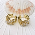 Elegant gold U-shape ear cuff featuring woven rows of white pearls and baguette zircons - Multi-Layer Artificial Pearl & Zirconia Braided Style (43 Styles) / Gold