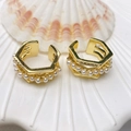Elegant gold U-shaped ear cuffs with white pearls and small zircon stones in a hexagon design - Hexagon Style with Artificial Pearl and Rhinestone Row (Style 45) / Gold