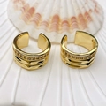 French style gold plated U-shaped ear cuffs with micro-set zircons and wave texture - Wide-Edge 3-Layer Wavy Style (Style 47) / Gold