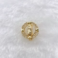 Macro detail of golden Virgin Mary pendant with heart-shaped frame and inlaid zircons - Gold Heart Frame Virgin Mary (Style 216)