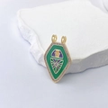 Detail showing the Hamsa Hand tarot pendant with green and purple enamel and zircons - Green Hand of Fatima Style (Style D)