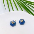 Blue hexagonal natural stone pendants with gold butterfly inlay and crystal details - Blue Aventurine