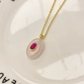 Collier élégant en or avec pendentif ovale en quartz rose et pierre de zircon rouge - Pendentif Uniquement (Sans Chaîne) / Rose Clair (Quartz Rose)