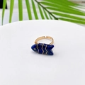 Detail of fish-shaped lapis lazuli ring with wire-wrapped gold-tone band and small rhinestone - Lapis Lazuli (Style I)