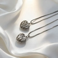 Detailed close-up of two silver heart-shaped woven pendants on silver box chains - Hollow Out Leaf Heart (Style C) / Pendant Only (Without Chain)