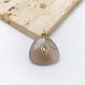 Detailed shot of triangular brown agate pendant with inlaid green gemstone and gold bail - Triangular Brown Agate Style / Pendant Only (No Chain) / Grey Jade