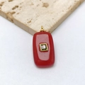 Detail view of retro rectangle red agate pendant with green gemstone and gold frame - Rectangle Style / Pendant Only (No Chain) / Red Agate