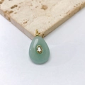 Detail of water drop natural green stone pendant with gold bezel and zircon inlay - Pale Green Drop-shaped Style / Pendant Only (No Chain) / Hainan Jade