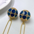 Macro detail of golden spherical pendant with blue enamel and sparkling cubic zirconia stones - Dark Blue Geometric Enamel Sphere Pendant (Style D) / Pendant Only (No Chain)