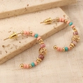 Candy colored natural stone beaded C-shape stud earrings with bohemian gold metal accents - Pastel Multicolor Beads