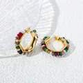 French retro C-shaped gold hoop earrings with colorful natural stone beads and silver needle - Multicolor Hexagonal Hoop