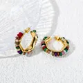 Boucles d'oreilles créoles C dorées rétro français avec perles de pierre naturelle et argent - Anneau hexagonal multicolore