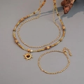 Set boho vintage con perline occhio di tigre e collana con ciondolo girasole dorato - Stile a Strati Stella Sole Marrone Caldo