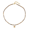 Natural tiger eye beaded necklace with a golden sun flower pendant on white background - Tiger Eye Necklace