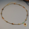 Französische Vintage-Tigerauge-Perlenkette mit Hämatit und goldenem Tropfenanhänger - Vintage Tropfenanhänger Stil (XL-858J)