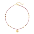 Pink natural stone beaded necklace with golden sun pendant and heart accent - Sunflower Necklace XL-559J-3