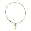 Collana vintage dorata con perline rosse, chiusura a T e ciondolo a moneta - Stile Granato Naturale (XL-1163DY01)