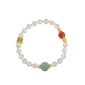 Beaded bracelet with clear crystal, red agate, green jade, and gold Fu charm - Crystal Bracelet