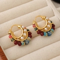Close-up of vintage C-shape earrings with colorful natural stone beads and pearls - Hoop Earrings / Natural Stone Multicolor Style