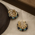 Macro detail of triple-layer beaded hoop earrings with pearls, lapis and turquoise stones - Hoop (ER-415D01-1) / Lapis Lazuli Freshwater Pearl