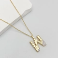 Gold pendant necklace with hammer-textured letter W and pave-set cubic zirconia stones - Letter W