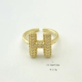 Adjustable gold plated ring with letter H design and clear zirconia stones - Gold H