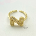 Adjustable gold plated letter N ring with sparkling cubic zirconia stones - Gold N