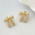 Elegant gold bow earrings with white pearls, minimalist handmade jewelry for women - B Style Earrings