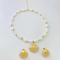 Golden seashell jewelry set with baroque pearls including necklace and stud earrings - Style C Set