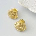 Elegant gold scallop shell stud earrings with white faux pearl inlay for women - C Style Earrings