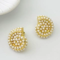 Golden spiral conch stud earrings with white pearls for beach vacation fashion look - D Style Earrings