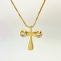 Golden T-shaped water drop pendant necklace with two clear zirconias on a box chain - Gold T