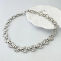 Silver-tone retro chunky link necklace with polished and textured interlocking rings - Ripple Texture Combo Chain Necklace (Style B) / Silver