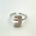Adjustable silver letter J open ring with sparkling pavé zircon stones in minimalist style - Silver J