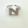 Adjustable silver letter N ring featuring sparkling micro-pave cubic zirconia stones - Silver N