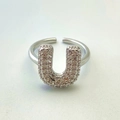 Adjustable silver letter U open ring with sparkling pavé zircon stones in minimalist style - Silver U