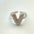 Silver open ring featuring crystal-encrusted letter V design for personalized style - Silver V