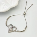 Adjustable silver heart bracelet with a ladybug pendant encrusted in white zircons - Style M Heart Ladybug / Silver