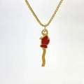 Golden stainless steel necklace with red enamel flower pendant on a box chain - Abstract Long Stem Flower Style (C款)