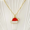 Golden box chain necklace featuring a red and white enamel Christmas hat pendant - Christmas Hat Style C