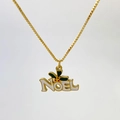Golden box chain necklace with white enamel Noel pendant featuring holly and berries - NOEL Letter Style (Variant N)