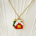 Christmas necklace with red house pendant and tiny green tree in gold plating - Red Christmas Cottage Style (Style E)