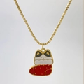 Golden Christmas necklace featuring a cute cat in a red stocking enamel pendant - Cat In Christmas Sock Style (Variant P)