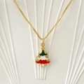 Golden Christmas tree pendant necklace with colorful enamel detailing on box chain - Tri-Color Christmas Tree (Style G)