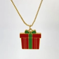 Golden box chain necklace featuring a red and green Christmas gift box charm - Red Green Contrast Gift Box Style (Variant T)