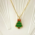 Golden box chain necklace featuring a green Christmas tree pendant with red bow detail - Red Bow Christmas Tree (Style I)