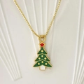 Festive Christmas tree pendant necklace with green enamel and golden box chain - Star Topper Christmas Tree Style J