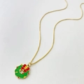 Festive gold box chain necklace featuring a green and red Christmas wreath pendant - Christmas Wreath Style (Style L)